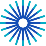 A stylized sun icon with a hollow center and two-toned blue rays.