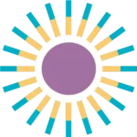 A stylized sun icon with a purple center and two-toned yellow and teal rays.