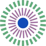 A stylized circular icon with a blue center, an inner ring of purple rays, and an outer ring of green rays.