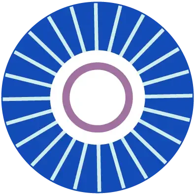 A stylized circular icon with a purple inner ring and an outer ring of blue rays.