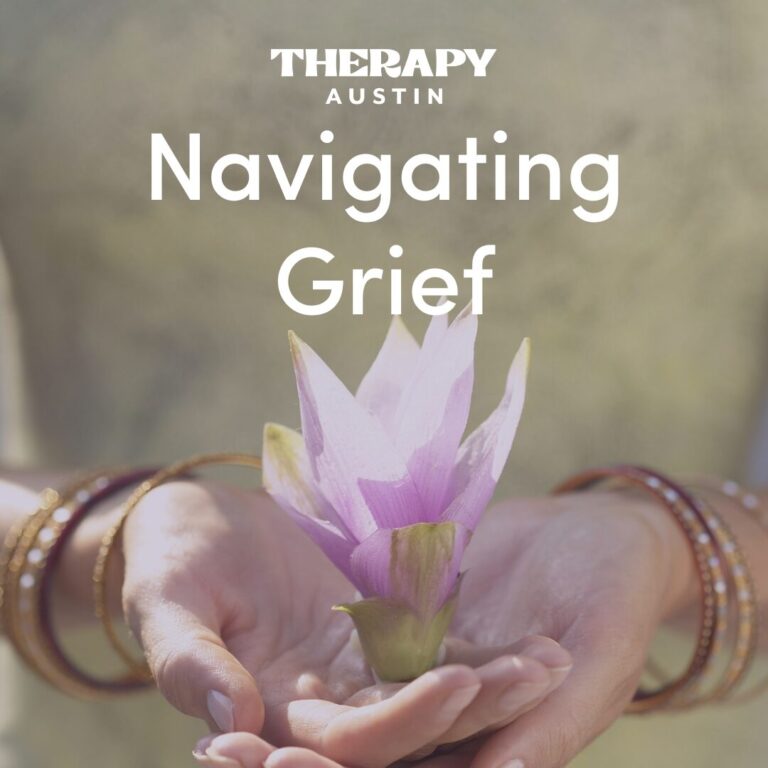 Banner for Navigating Grief Support Group at Therapy Austin