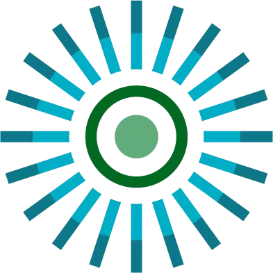 A stylized sun icon with a light green center, a teal ring, and light blue and green rays.