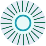 A stylized sun icon with a light blue center, a teal ring, and dark green rays.