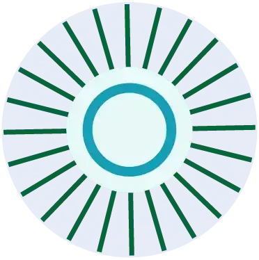A stylized sun icon with a light blue center, a teal ring, and dark green rays.