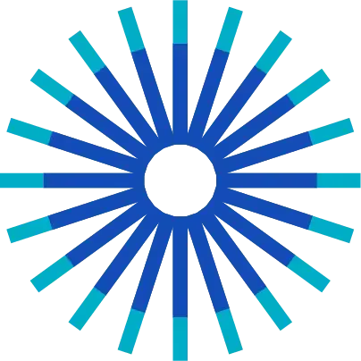 Stylized sunburst icon with radiating blue and teal lines, representing energy and renewal.