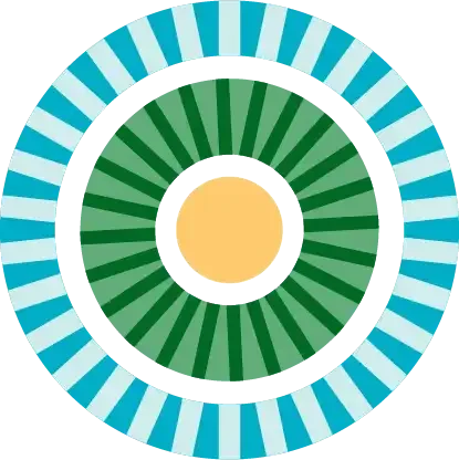 A stylized sun icon with a yellow center, an inner ring of green rays, and an outer ring of light blue and green rays.